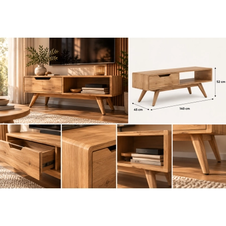 Szafka RTV z litego drewna 140 × 52 × 45 cm – szuflada i otwarta półka